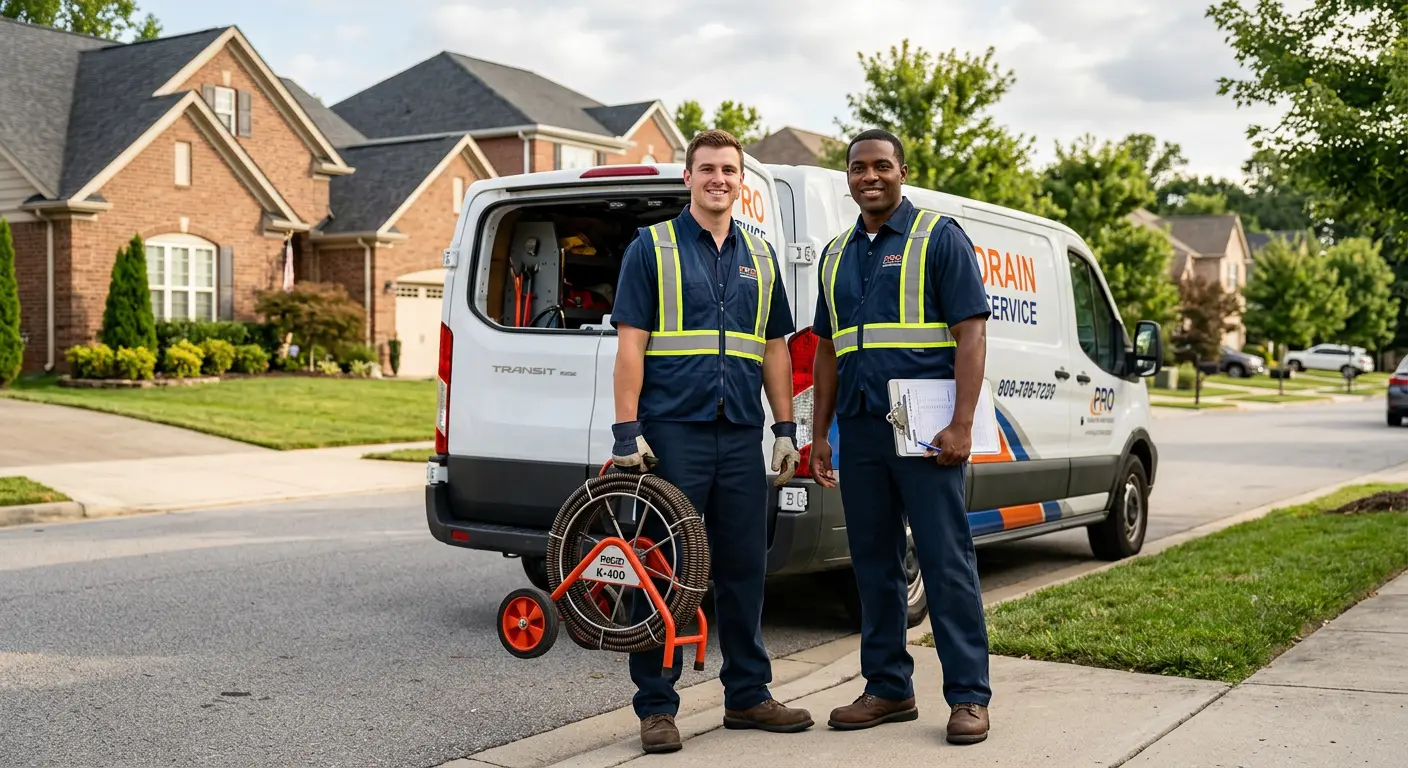 Sewer and drain service team with equipment ready for work in West Lafayette