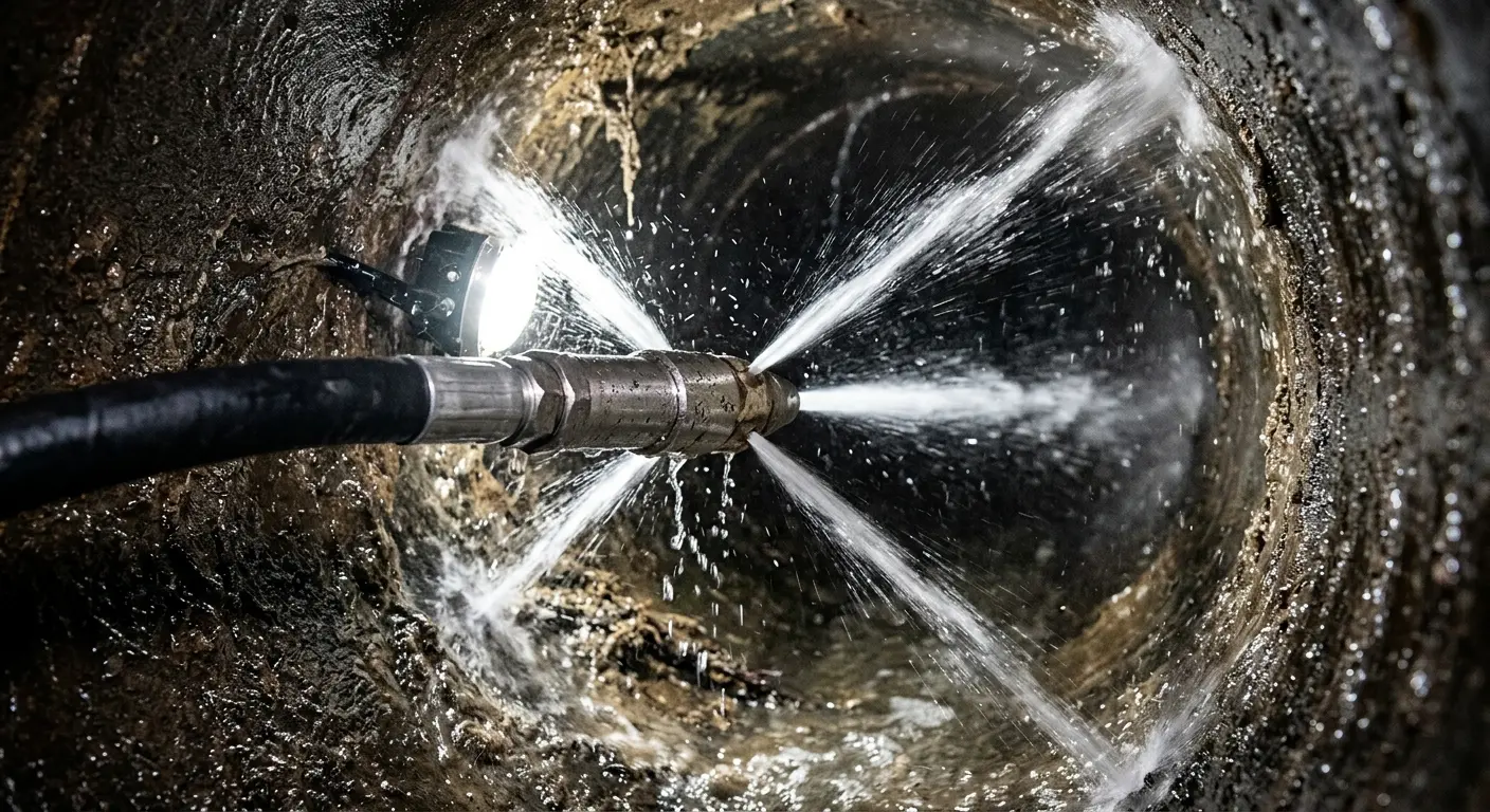 High-pressure hydro jetting nozzle cleaning sewer pipe for Storm Drain Cleaning in West Lafayette