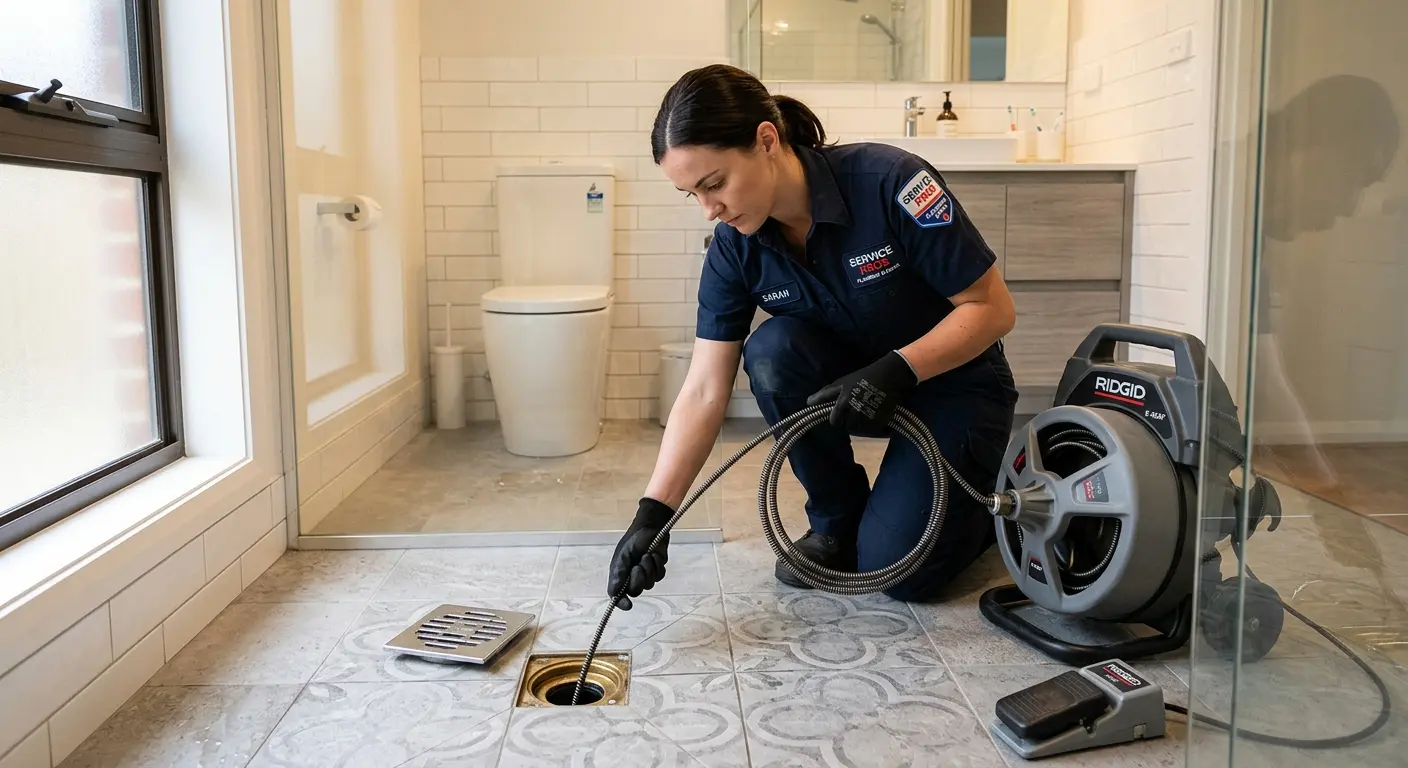 Technician clearing a bathroom floor drain for Sewer Line Replacement in West Lafayette
